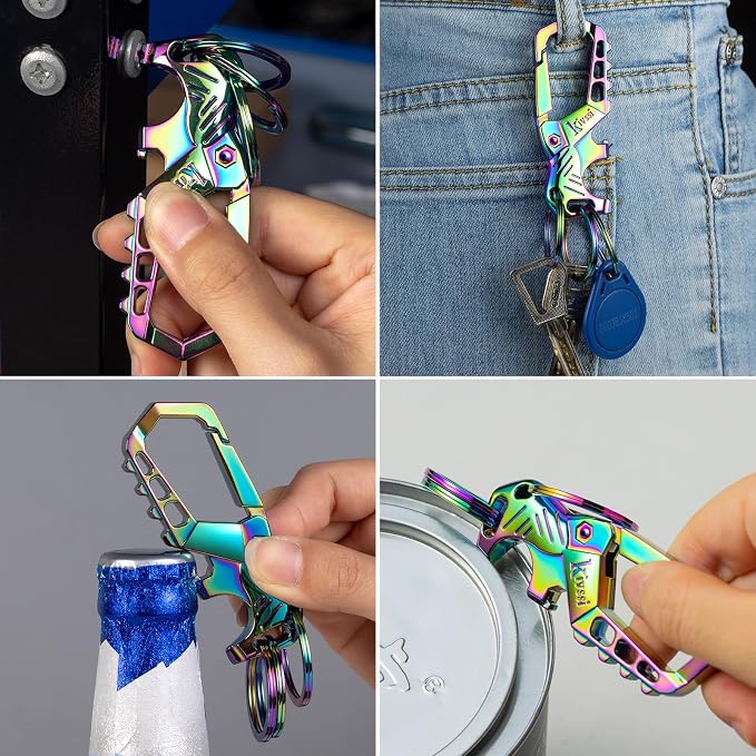 Kivssi Heavy duty metal keychains, Carabiner clip Car key chains,Fashion family keychain bottle opener and 3 Key Rings suitable for men and women.（Multicolor-2pcs）