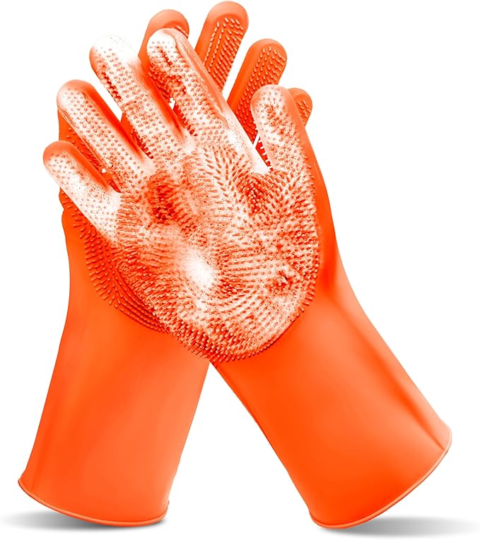 Pet Grooming Gloves—Dog Washing Gloves with High-Density Teeth, Dog Bath Scrubber with Enhanced Five Finger Design, Silicone Gloves for Dogs and Cats Bathing, Massage (Orange)