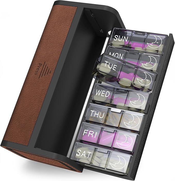 Pill Organizer 7 Day AM PM, Discreet 2 Times a Day Weekly Pill Box with Double Protection Shell, Large Capacity Portable Vitamin Case for Travel Meds & Medicine Organizer (Black and Brown)