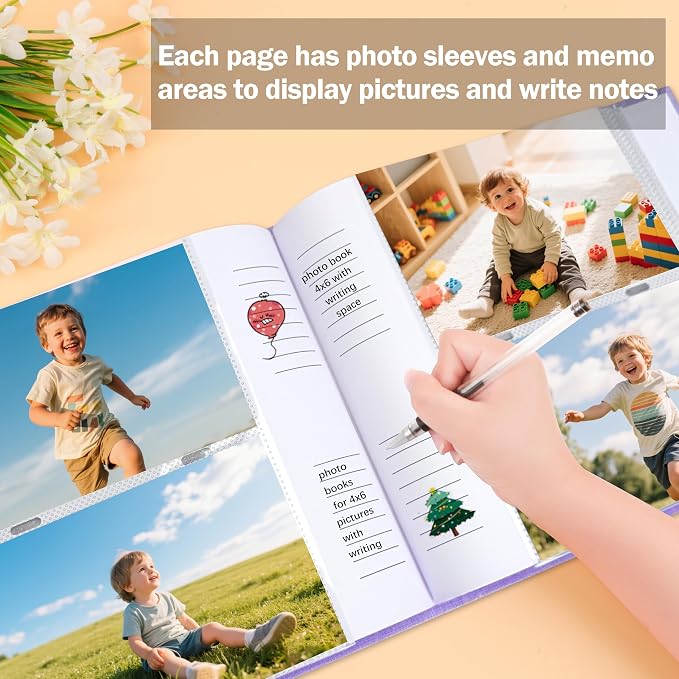 4x6 Photo Album Holds 240 Photos with Writing Space, Linen Cover Picture Book with Front Window for Family Wedding Baby Travel & Graduation Memories, Purple