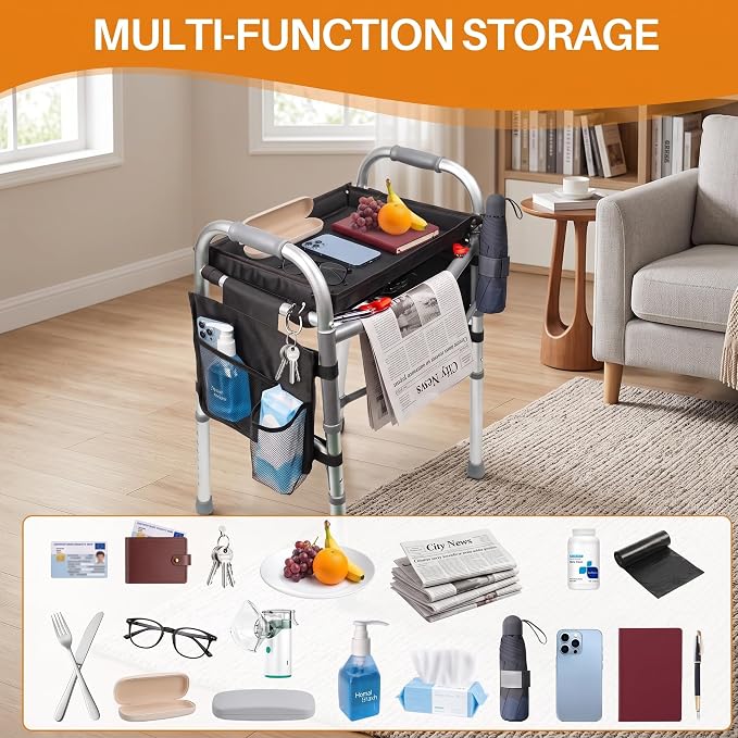 Walker Tray with Cup Holder with 2 Side Pockets, Tray for Folding Walkers, Food Tray, Walker Accessories, Tray Table for Standard Adult Walkers