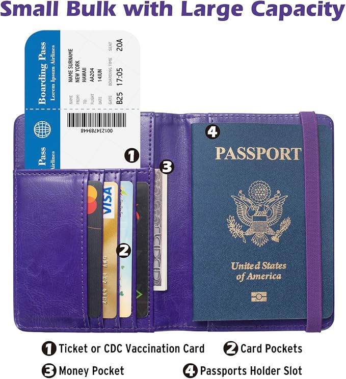 Passport Holder for Travel Women, RFID US Passport Cover Wallet Case, Leather Travel Wallet RFID Blocking, Waterproof Document Protector for Traveling Accessories-Purple