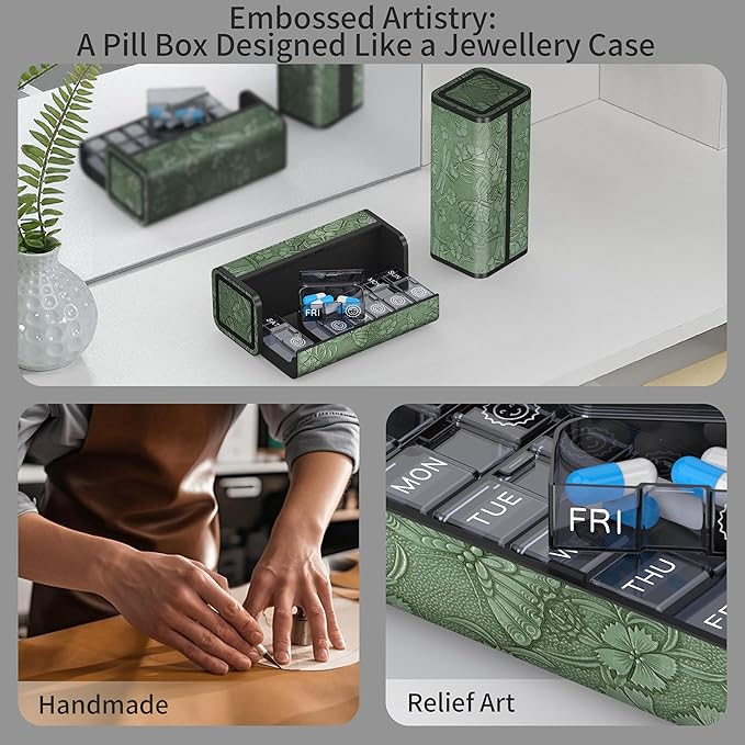Pill Organizer 7 Day AM PM, Discreet 2 Times a Day Weekly Pill Box with Double Protection Shell, Large Capacity Portable Vitamin Case for Travel Meds & Medicine Organizer (Forest Green)