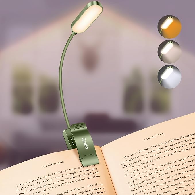 Gritin 16 LED Rechargeable Book Light for Reading in Bed | Eye Caring 3 Color Temperatures, Stepless Dimming Brightness, 80 Hrs Runtime, Lightweight Flexible Clip on Light-Dark Green