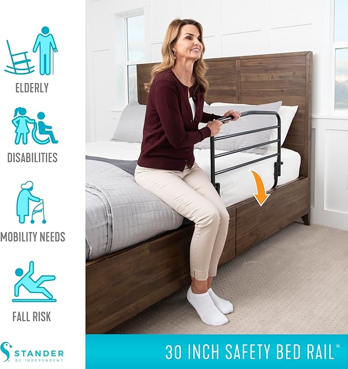 Stander 30 inch Safety Bed Rail, Folding Guardrail for Adults, Seniors, and Elderly, Bedside Stand Assist Bar, Fits King, Queen, Full, and Twin Beds, ASTM Safety Approved Bedrail