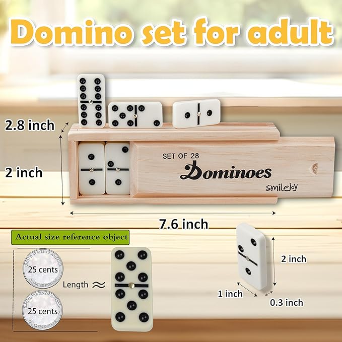 Smilejoy Dominoes Set for Adults, Domino Set for Classic Board Games, Double 6 Domino Game Set 28 Pieces with Natural Wood Case (2 Players)