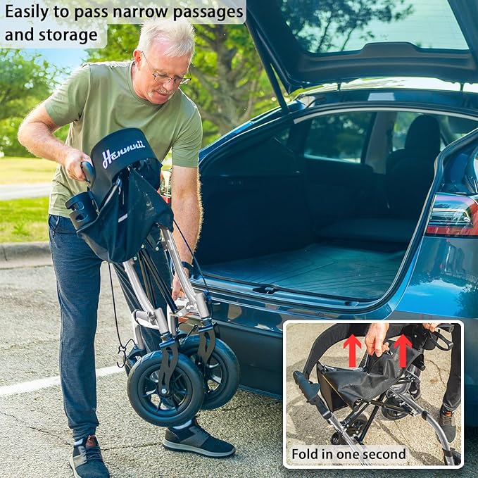 Rollator Walker for Seniors, Lightweight Foldable All Terrain Rolling Walker with seat, Aluminum Walkers with 10 inch Rubber Wheels, Handles and Backrest for Seniors and Adult
