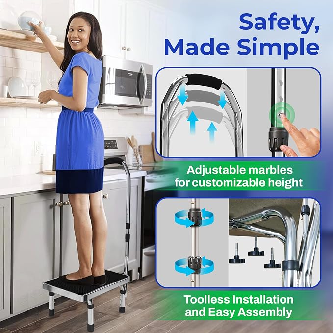 Step Stool with Handle for Elderly (300 lbs. Capacity), Adjustable Step Stools for Adults with Handrail, Non-Slip Heavy Duty Height Adjustable and Steel Frame Platform for high beds