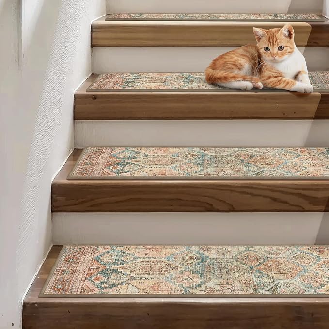 sarben 8"x30" Non Slip Stair Treads for Wooden Steps 15 Pack,Cedarwood Sage | Peel and Stick Carpet Stair Runner with TPE Adhesive Backing, Carpet for Added Safety, Pet and Senior Friendly