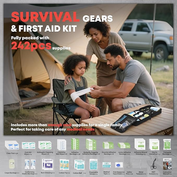 VLITEPRO 242 Piece First Aid & Survival Kit – Molle Pouch IFAK, 1000D Nylon, Color-Coded Compartments, Medical Kit for Camping, Boat, Hunting, Hiking, Home, Car/Home/Earthquake Emergency (Black)