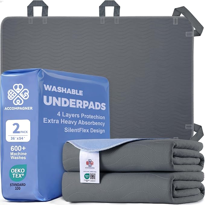 Accompagner Positioning Bed Pads Washable Waterproof, with 6 Reinforced Handles, Ultra-Absorbent, for Lifting, Turning, Transfering, Elderly and Incontinence Patients (Dark Gray, 36"x54" - Pack of 2)