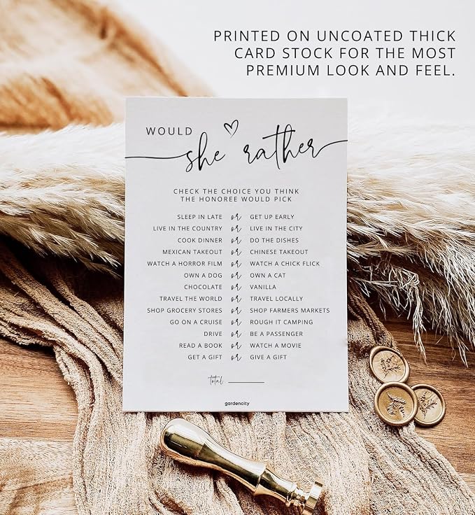 50 Would She Rather Bridal Shower Game Cards, Baby Shower Games, 50 Guests, Minimalist White