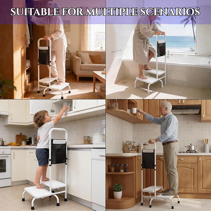 Two Step Stool with Handle for Elderly, 350 lbs Capacity, Heavy Duty Rv Steps with handrail Bed Step for High Beds, Adjustable 5-Level Handrail, for Grandpa
