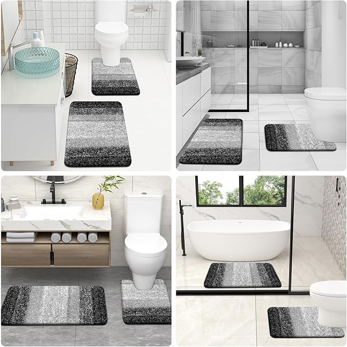 OLANLY Bathroom Rug Set 2 Piece, Soft Absorbent Microfiber Bath Rug Set, Non-Slip, Machine Wash Dry, Plush Shaggy Bath Mats for Bathroom (30"x20"+24"x16", Black)