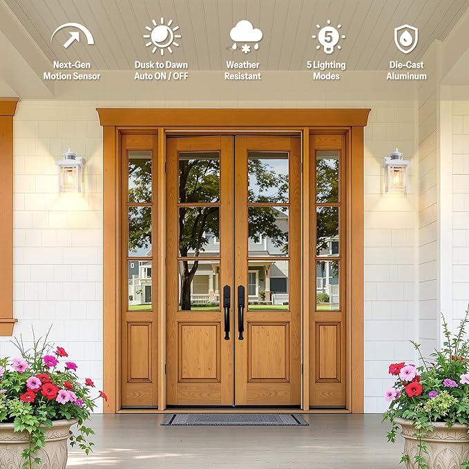 Gleamz Exterior Lighting Fixtures, White Modern Motion Sensor Porch Light, 100% Anti-Rust Outdoor Porch Lights Wall Mount, Weatherproof Outdoor Lantern Lights, Exterior Lighting Fixtures Dusk to Dawn