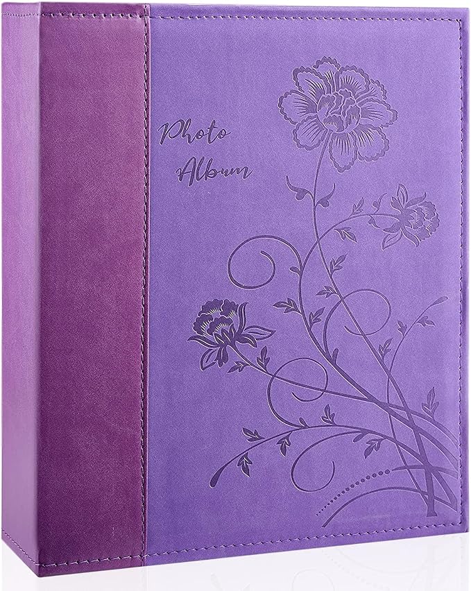 Photo Album 8x10 Clear Pages Pockets Leathe Cover Slip Slide in Photo Album Holds 50 Vertical 8x10 Photos Picture Book for Wedding Family (Purple)