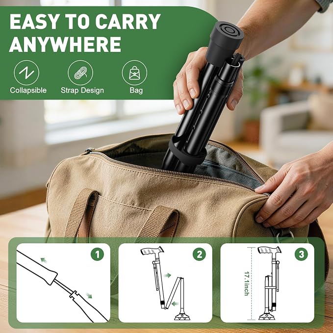 Walking Cane for Men & Women, Sturdy Walking Sticks for Seniors | Foldable, Adjustable, All Terrain Tips for Daily Use/Travel, Comfort Grip, Free Standing, Heavy-duty Aluminum, Black