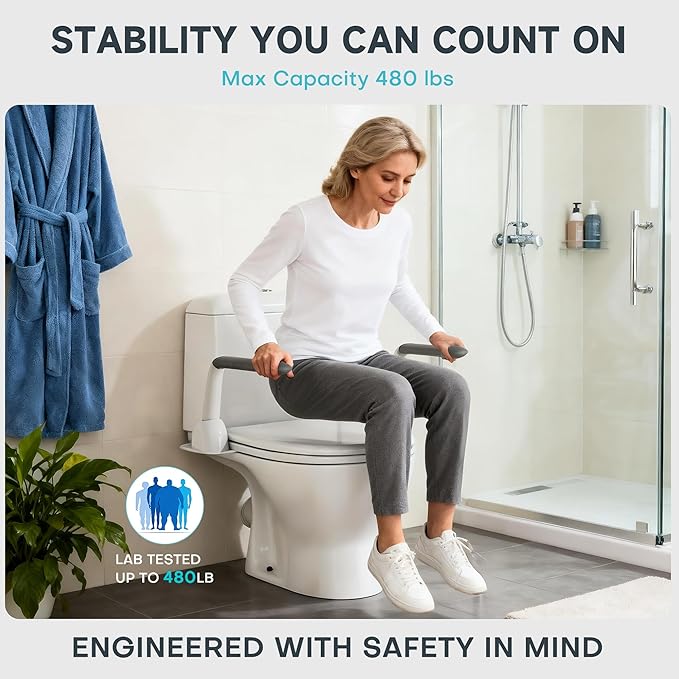 Toilet Safety Rails for Seniors - Easy Installation & Sturdy Grab Bars to Help Stand - Flip-Up & 480 LBS Handicap Toilet Safety Frame - Seat Handles with Arms for Elderly Assist Devices