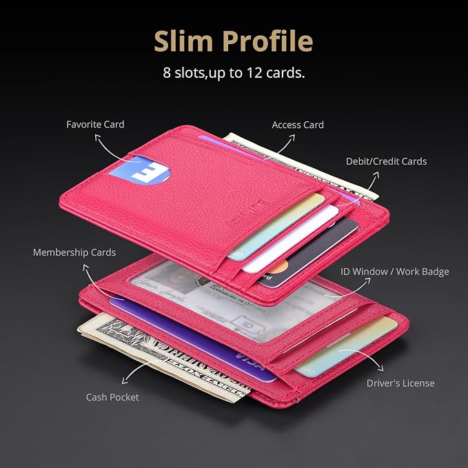 Buffway Slim Minimalist Front Pocket RFID Blocking Leather Wallets for Men and Women - Lichee Red
