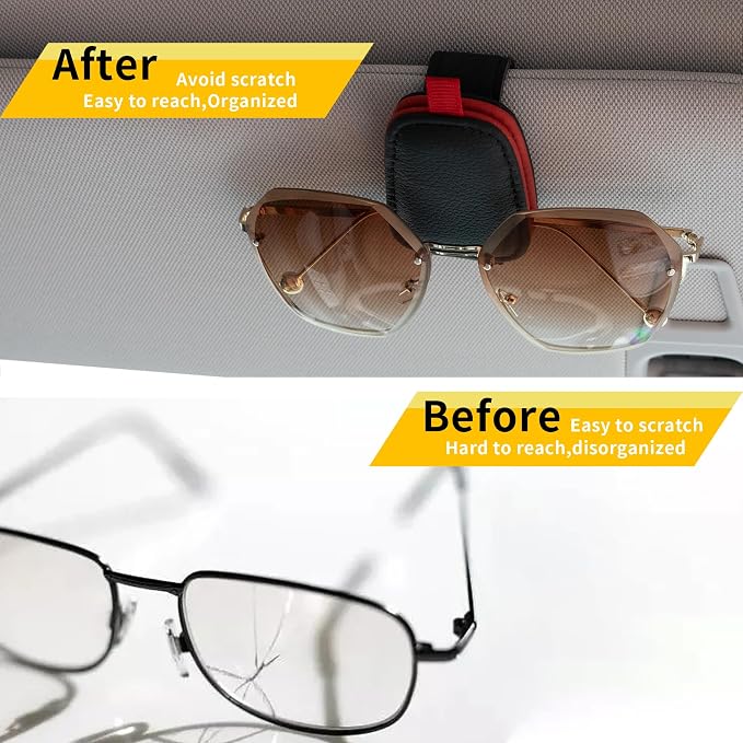 Yuoyar Magnetic Leather Sunglasses Holder for Car, 2 Packs (Black-red) | Magnetic Car Visor Accessories