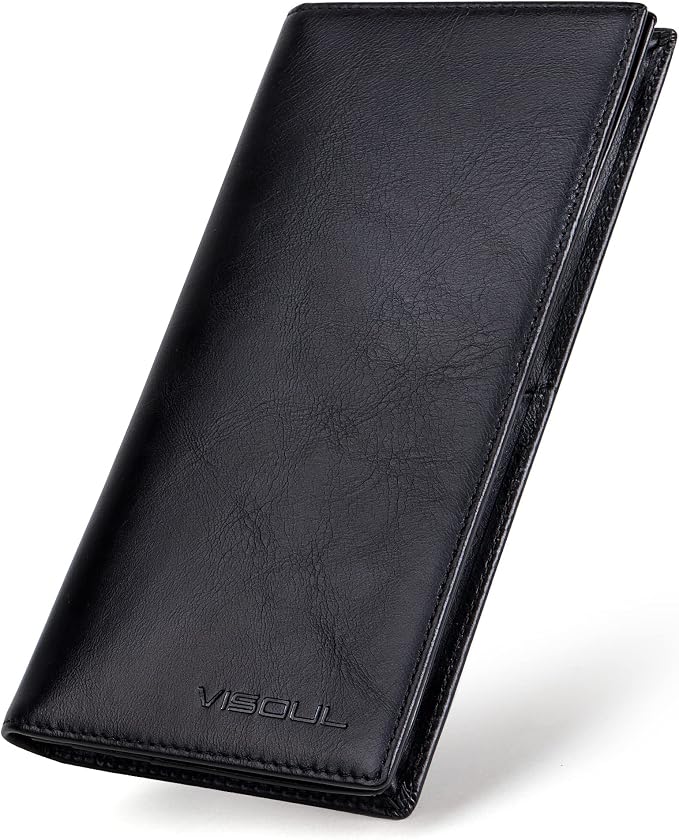 VISOUL Leather Checkbook Cover Wallet for Men with RFID Blocking, Mens Long Bifold Cash Tall Wallet with 11 Credit Card Slots 1 ID Window (Black)