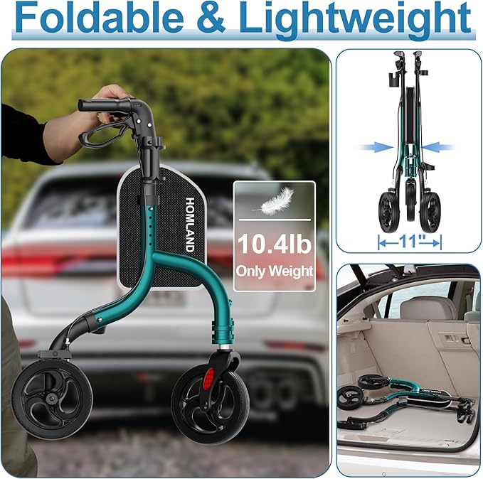 HOMLAND 3 Wheel Walkers for Seniors, Foldable Wheeled Rollator with Cane Hold and Cup Hold, Lightweight Three Wheel Rolling Walker Height Adjustable for Seniors