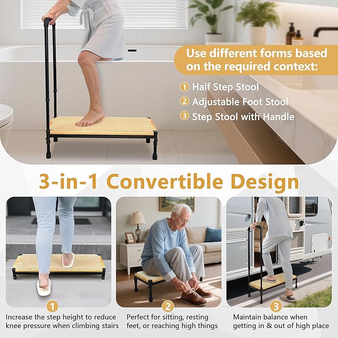 Bed Step Stool with Adjustable Handle for Elderly, Medical Step Stool for Bedside for Adults, 31.5" Long Safety Step Platform, Bed Stool for High Beds, Heavy Duty SUV Stepping Stool with Anti-Slip Mat