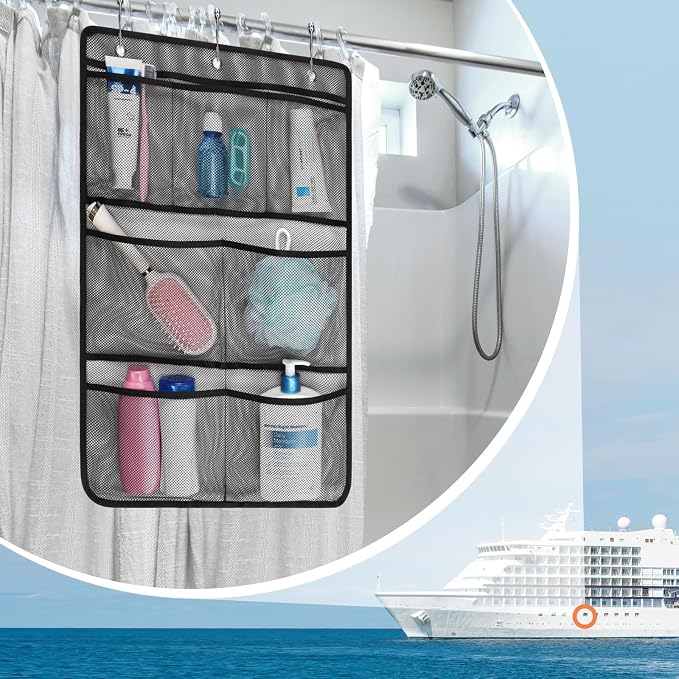 F-color 7-Pocket Mesh Shower Caddy - Hanging Shower Organizer for Cruise | Quick-Dry & See-Through Mesh for Toiletries, Fits Shower Rod Rings or Sticky Hooks for Bathroom & RV, Cruise Essentials 2026