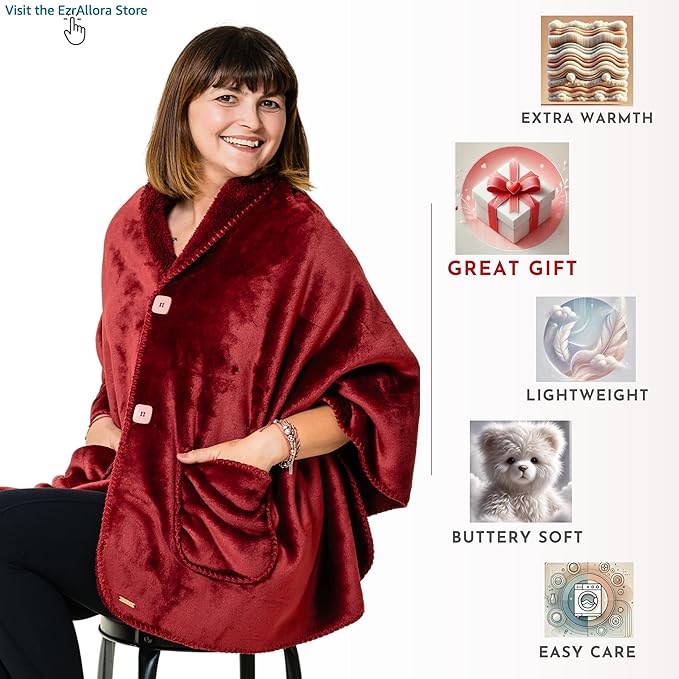 Premium Double Layer Wearable Blanket for Women -Easy On Easy Off No Sleeves- Drape and Go - Gifts for Women Who Have Everything - Gifts for Her Grandma and Mom (Burgundy)