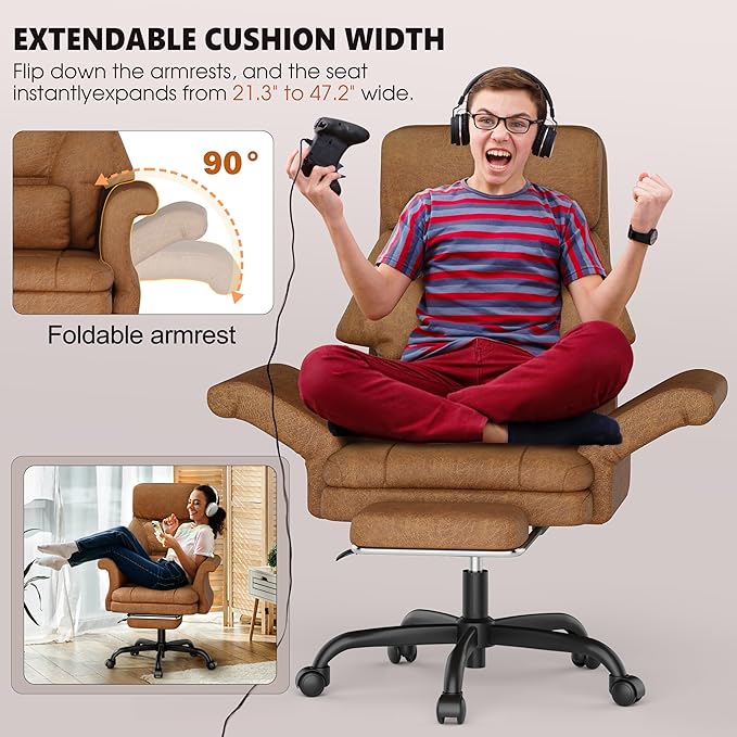 ELABEST C39 Cross Legged Office Chair with Footrest & Convertible Armrests-Pet-Friendly Criss Cross Home Desk Chair, Ergonomic Recliner with Lumbar Pillow,Big and Tall Executive Chair