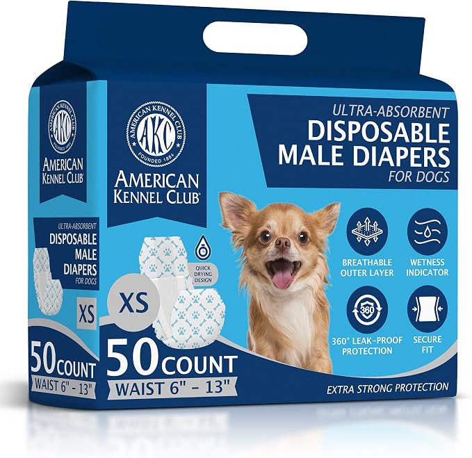 American Kennel Club Male Dog Wrap, Disposable Diapers with Wetness Indicator, X-Small, 50 Count