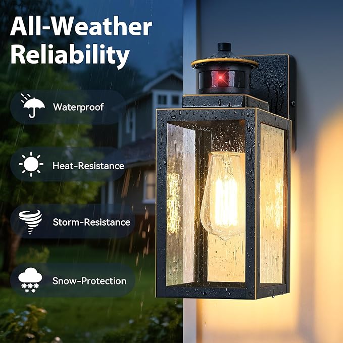 2-Pack Motion Sensor Outdoor Wall Lights, Black with Gold Trim | Auto ON/OFF, 3 Lighting Mode, Waterproof, Rust-Resistant, Durable Metal & Seeded Glass, Easy to Install, Ideal for Front Door