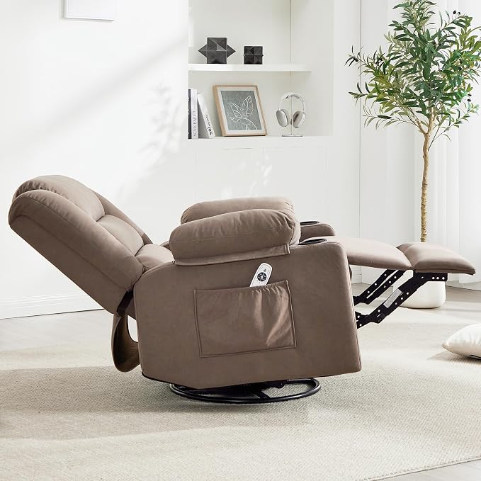 Ketaiyou Swivel Rocker Recliner Chair for Adults with Massage and Heat, Cup Holders and Side Pockets, Glider Rocking Reclining Single Sofa Chair for Living Room (Mocha2)