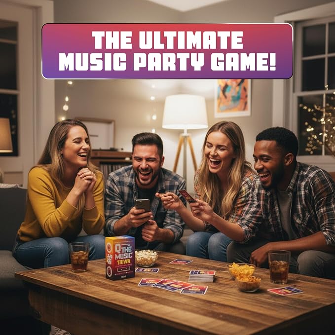Q The Music – Music Lyric Party Trivia Quiz Card Game for Adult and Family Game Nights, 2-10 Players, Scan, Listen to Iconic Hits, and Answer Trivia – Adult Games for Parties