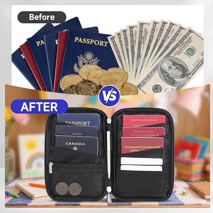 WALNEW Passport Holder for Travel Family, RFID Blocking Passport Wallet | Travel Document Organizer Holds up to 5-6 Passports, Water Resistant Travel Wallet Passport Pouch, Travel Essentials