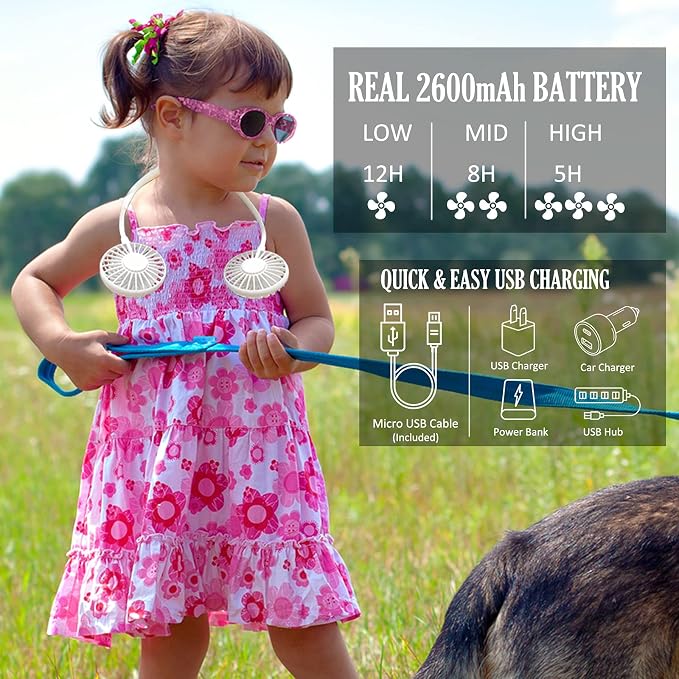Neck Fan, Hands Free Personal Fan 2600mAh, Hang Around Neck Fans, Wearable Small Fan for Outdoor Working Battery Powered Over 12 Hours Constant Cool