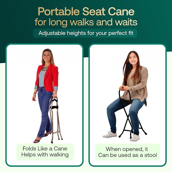 Walking Cane with Seat Folding Lightweight - Portable Walking Stick with Seat for Seniors, Seat Cane with Chair with 4 Non-Slip Legs & Comfortable Handle, 21” Cane Chair with 250 lb Weight Capacity