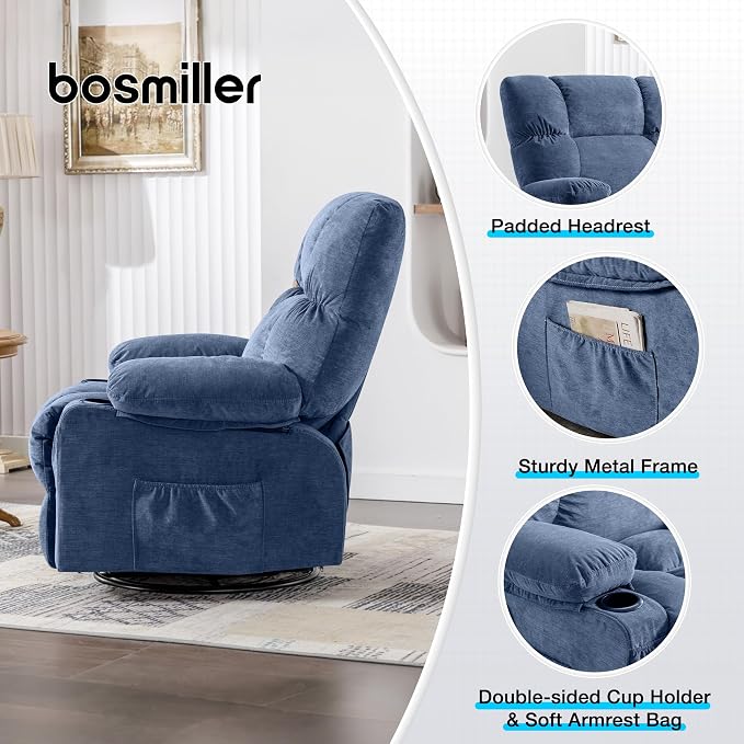 MAHOMICO Oversized Recliner Chair with Massage and Heat, 360° Swivel Rocker | Fabric swivel rocker recliner with ergonomic support, USB charging, cup holders and side pocket for living room