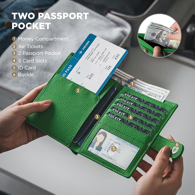 VULKIT Dual Passport Wallet for 2 Passports Airtag Holder RFID Blocking Travel Wallets