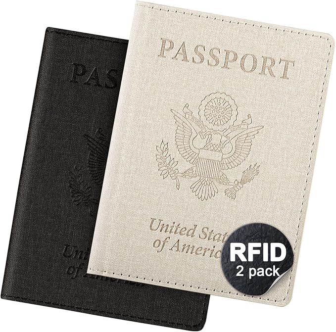 2 Pack Passport Cover With Card Slots RFID Blocking-White&Black | PU Leather Lightweight slim travel passport cover wallet with 4pcs RFID Blocking Credit/ID card slots
