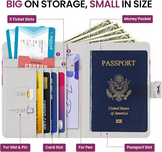 Passport Holder for Travel Essentials, RFID Blocking Leather Cover Wallet with Magnetic Closure, Aesthetic & Cute Passport Book Case for Women and Men - Floral
