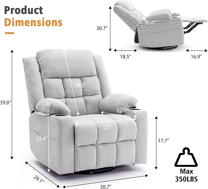 Ketaiyou Power Swivel Rocker Recliner Chair for Adults with Massage and Heat, USB and Type-C Ports, Infinite Position, Electric Glider Reclining Single Sofa Chair for Living Room (Light Grey)