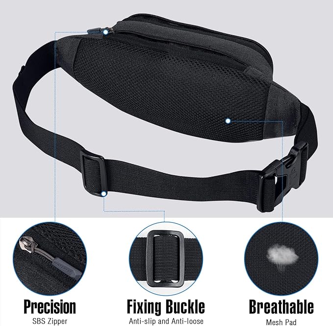 WATERFLY Small Fanny Pack Crossbody Lightweight Waist Bag for Woman Man | Adjustable extender strap, Slim compact, Water-resistant durable material, Breathable back pad, Multi-scene for travel, daily