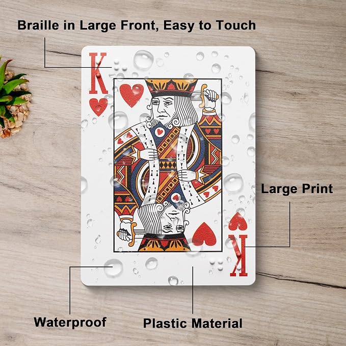 Braille Playing Cards for Visually Impaired - Large Print Tactile Poker Cards, 2.4x3.4 Inches, Sturdy Plastic for Blind Adults & Family Games