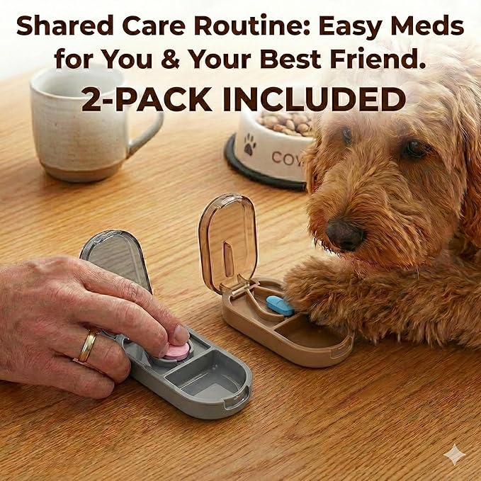 2 Pack Pill Splitter for Small & Large Pills – Professional Pill Cutter with Clear Cover & V-Grip Centering Device – Precise 1/2 & 1/4 Cuts for Oblong, Oval & Round Tablets (Gray & Brown)