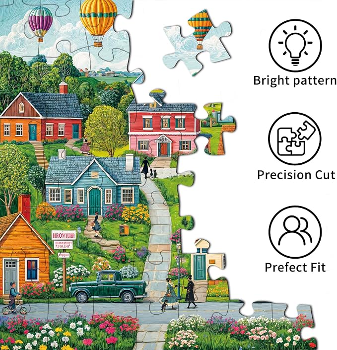 Puzzles for Adults 1000 Pieces, Happy Town Jigsaw Puzzle with 1:1 HD Poster, Perfect Interlocking No Dust, Stress Relief Ideal Gift for Family Games