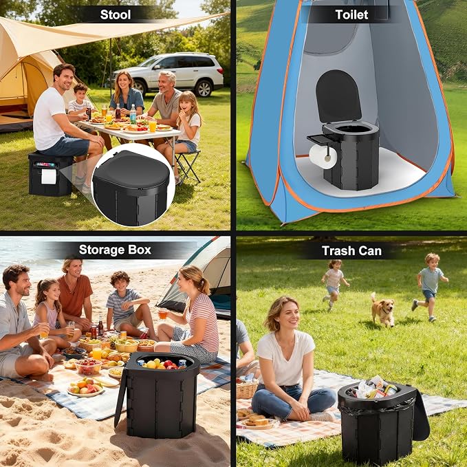 Portable Camping Toilet, Foldable Toilet for Adults with Detachable Phone Shelf and Toilet Paper Holder, Waterproof Porta Potty with Lid for Camping, Hiking, RV Travel, Road Trips