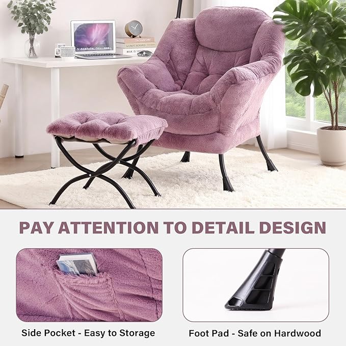 Tiita Lazy Chair with Ottoman, Modern Large Accent Lounge Armchair, Comfy Leisure Sofa Reading Chair with Footrest for Bedroom, Living Room, Dorm Rooms, Garden and Courtyard, Plush Purple