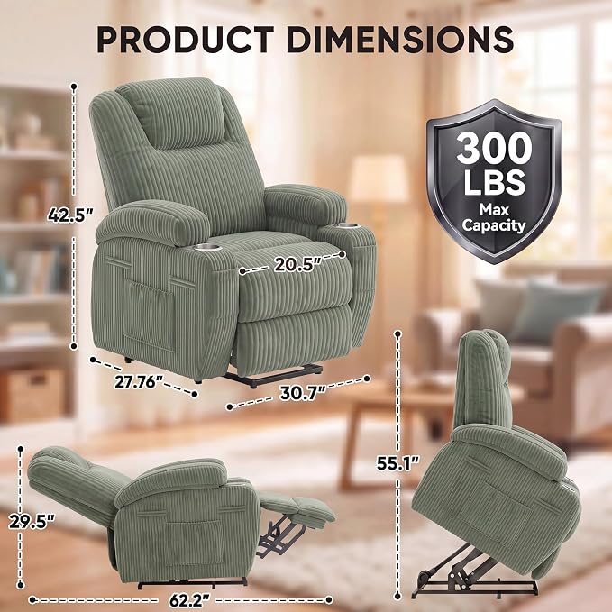 Flamaker Power Lift Chair Massage Recliner Chairs for Elderly | Ergonomic Lift Recliner Design with Cup Holders & Side Pockets, Remote Control (Corduroy, Green)