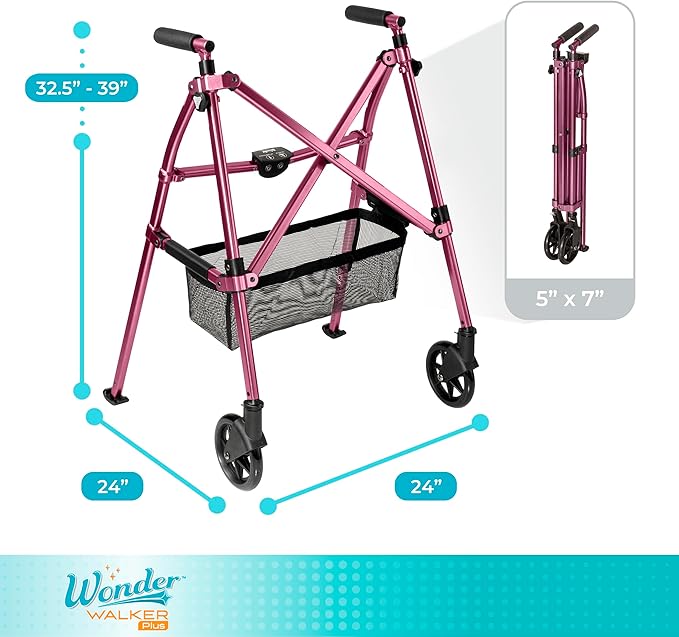Stander Wonder Walker Plus, Lightweight Folding Mobility Aid for Adults, Seniors, and Elderly, Collapsible Travel EZ Fold-N-Go with Wheels, Glides, & Basket, Regal Rose
